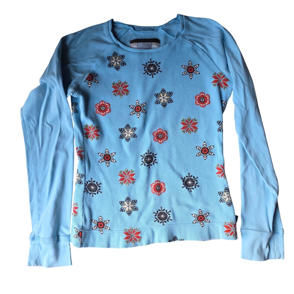 Nike Y2k Vtg Womens Waffle Knit Thermal Top Blue Snowflake Print Raglan Sz M